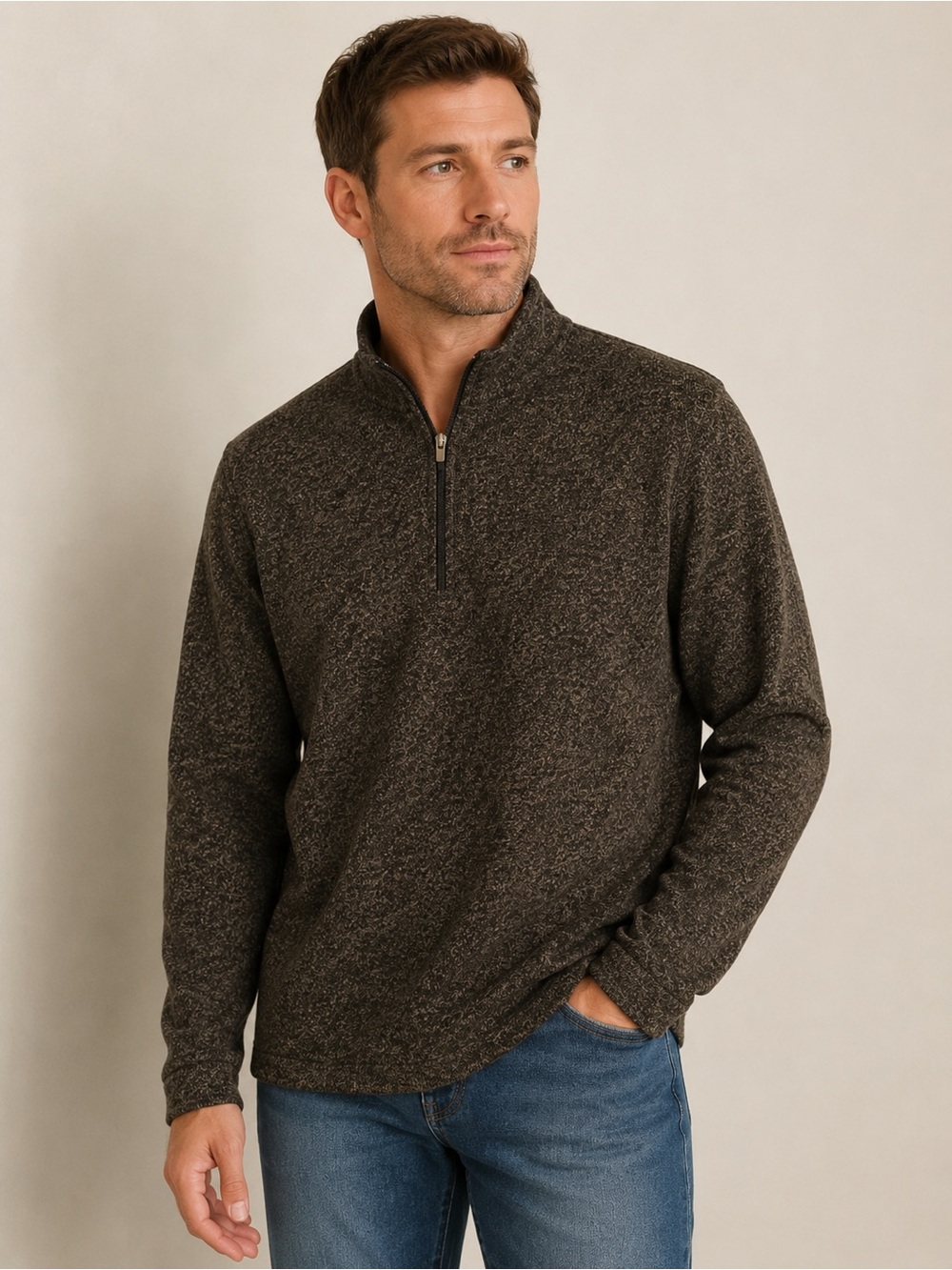 Van Heusen Men's Heathered Brown Zip-Up Sweater